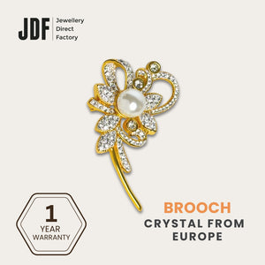 Sparkling Crystal Flower Brooch with Pearl, Brooch, Yellow Gold, Crystals from Europe, One-Year Warranty - Jewellery Direct Factory in alabaster background