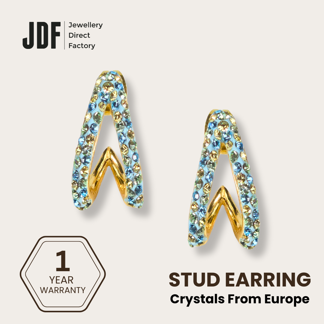 V-Shaped Stud Earrings with European Crystals, Crystal Earrings, Yellow Gold, European Crystals, One-Year Warranty - Jewellery Direct Factory in alabaster background