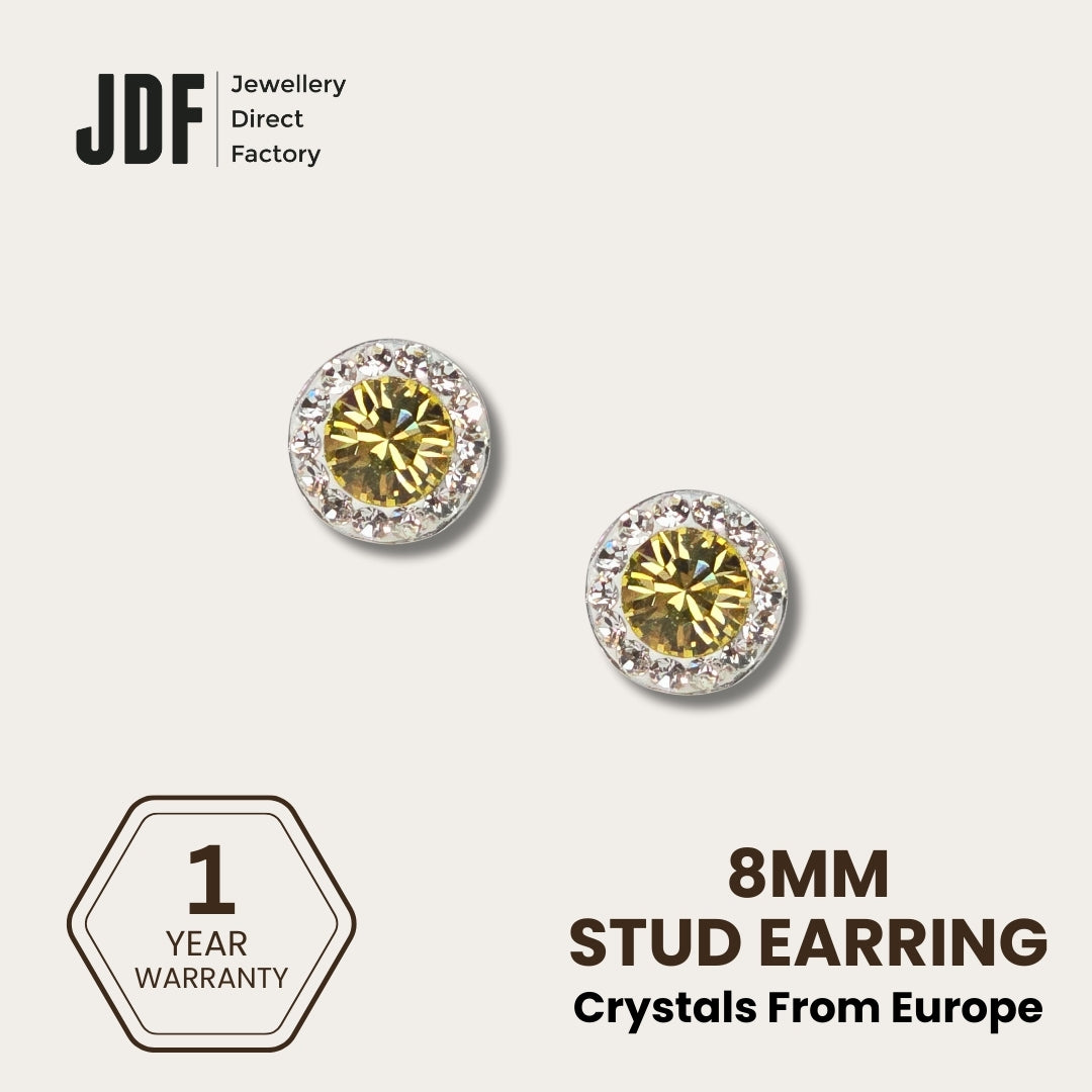 Mini Halo Round Stud Earrings with Crystals from Europe, Crystal Earrings, Yellow, Crystals from Europe, One-Year Warranty - Jewellery Direct Factory in alabaster background