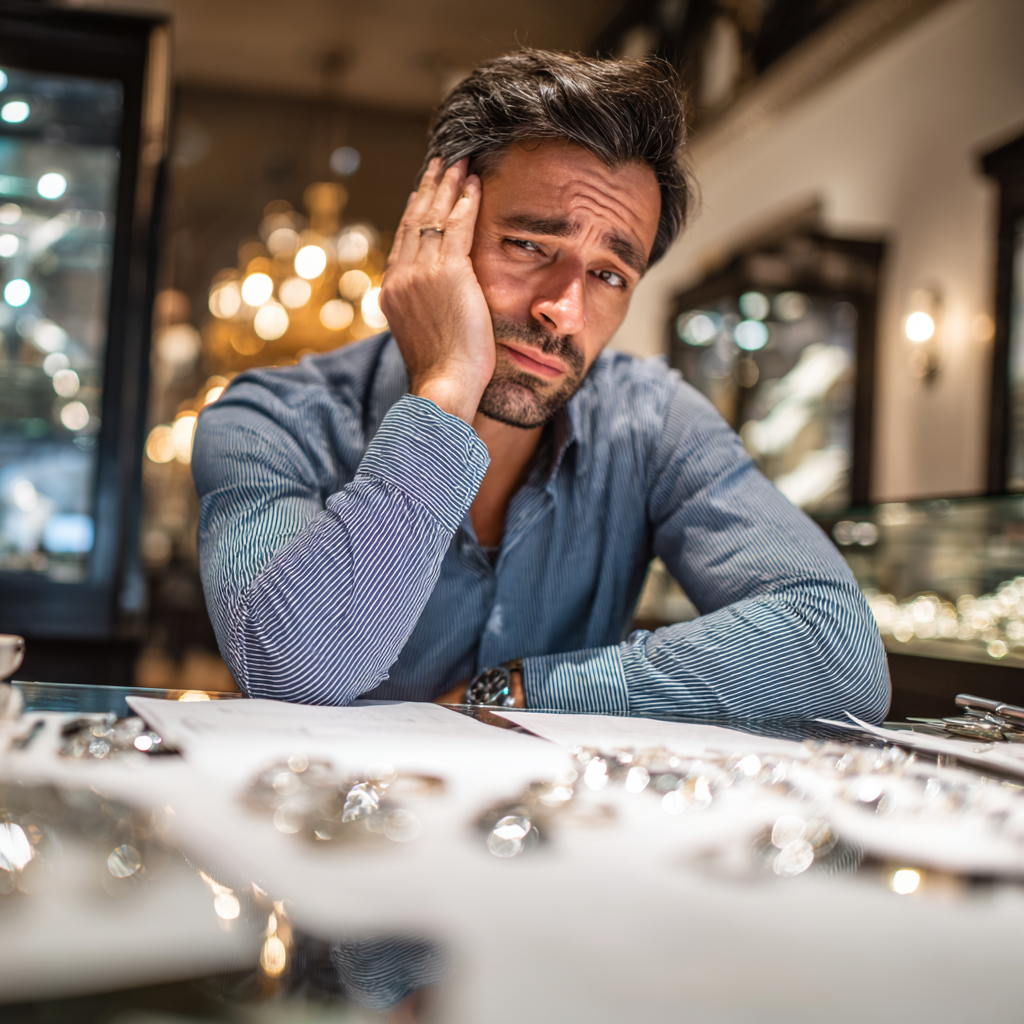 Man overwhelmed by choices of engagement rings, unsure which one suits his partner