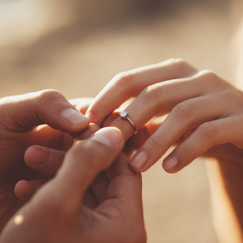 Close-up of a man placing an engagement ring on a woman's finger during a romantic proposal