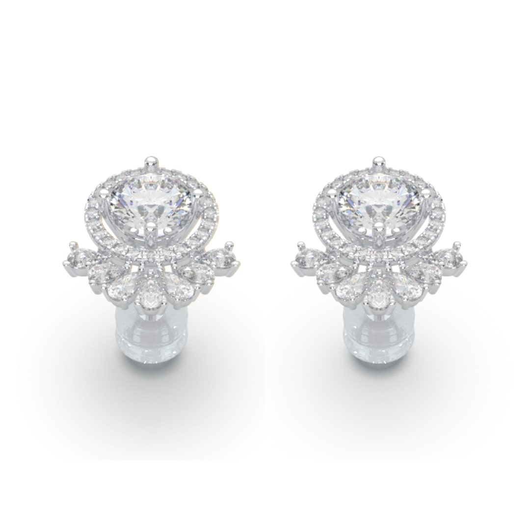 A pair of crystal earrings displayed on a white background, showcasing their sparkle and refined design