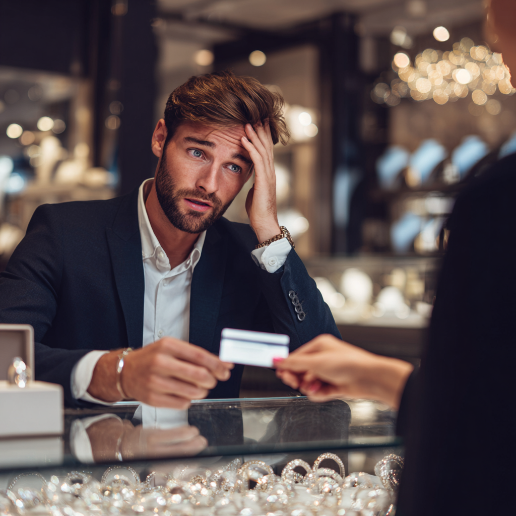 Stressed man holding credit card and overwhelmed by high jewelry prices