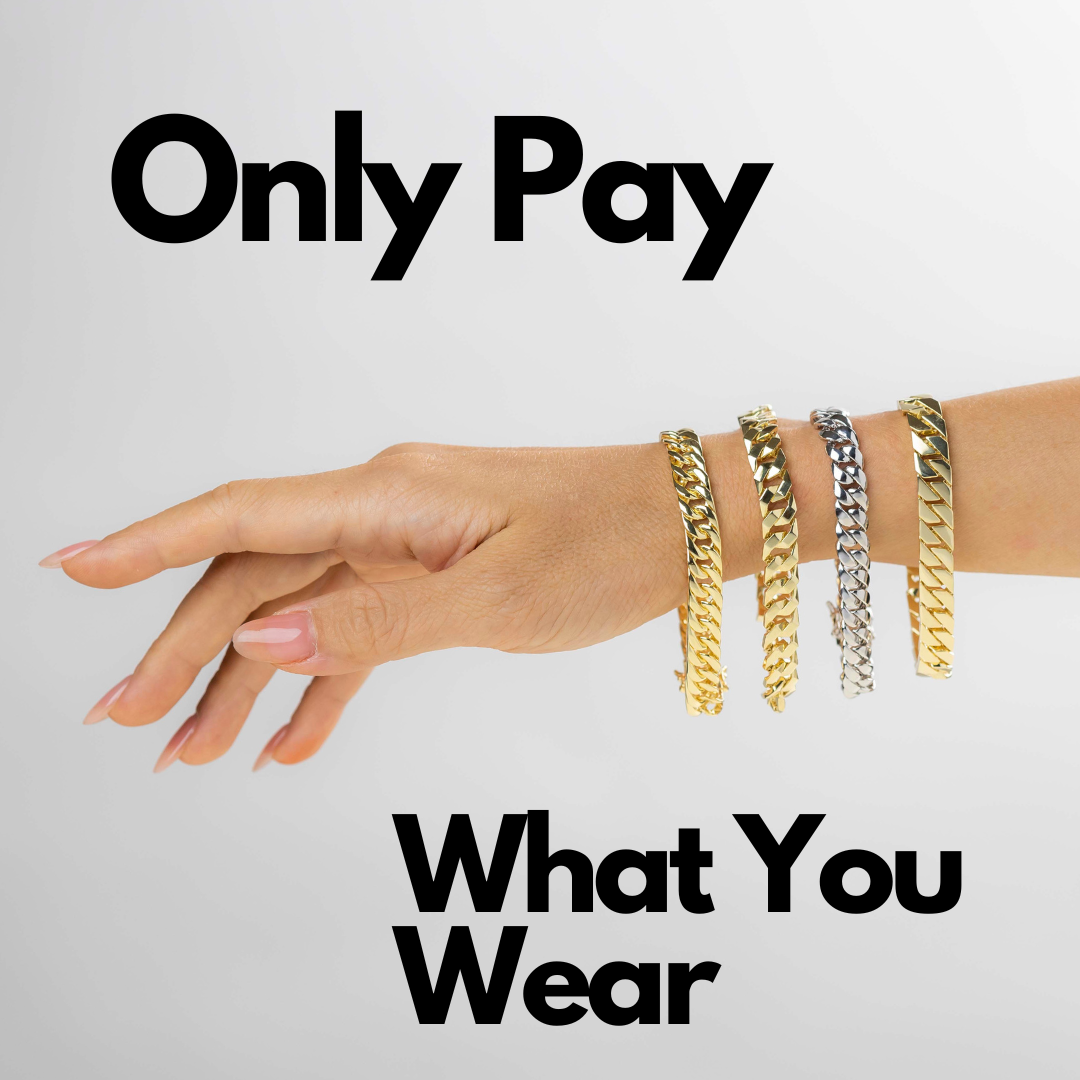 A soft and white woman hand wearing 4 bracelet silver and gold and only pay what you wear with gradient black to white background
