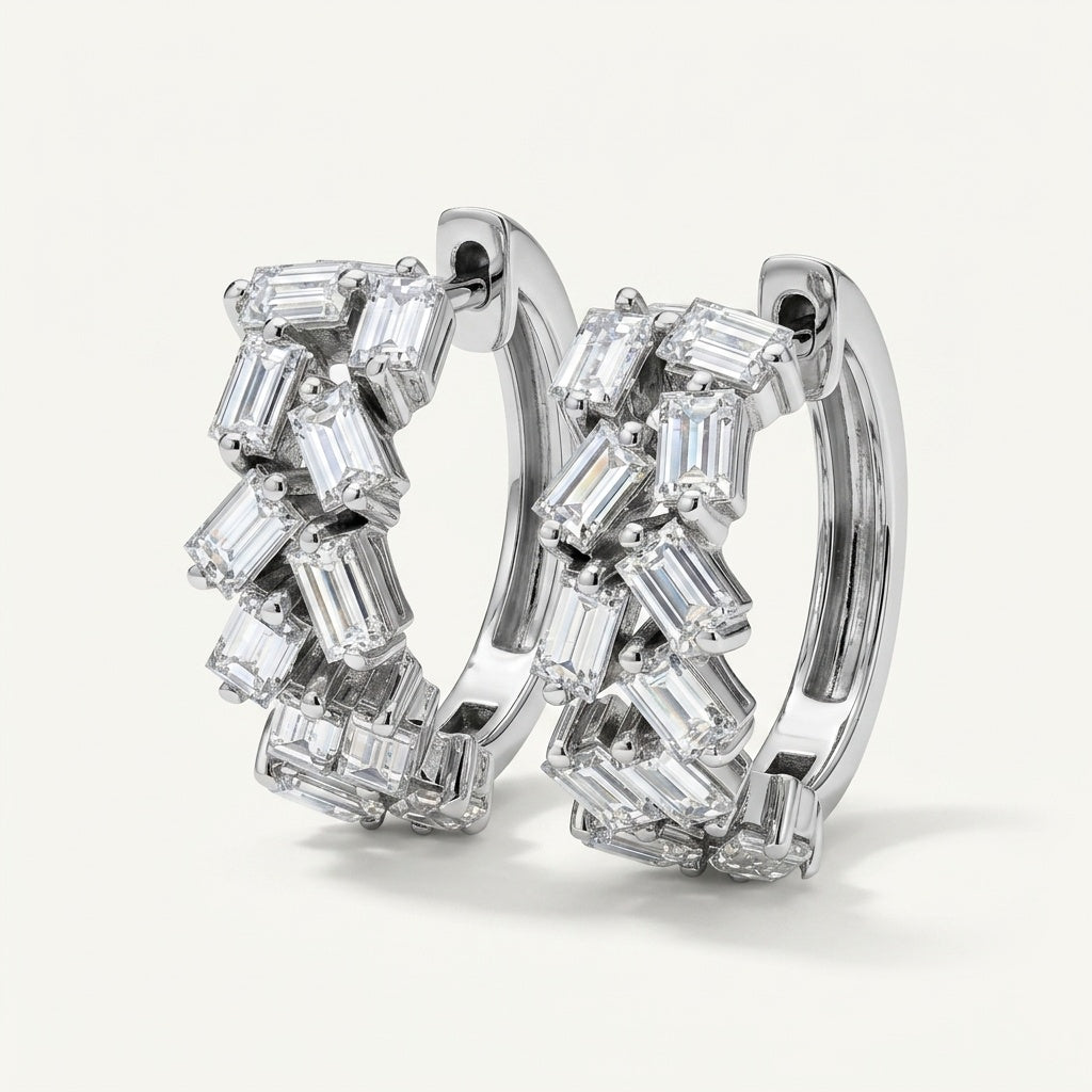 Petite 18K Gold Hoop Earrings with Asymmetric Baguette Lab Diamonds
