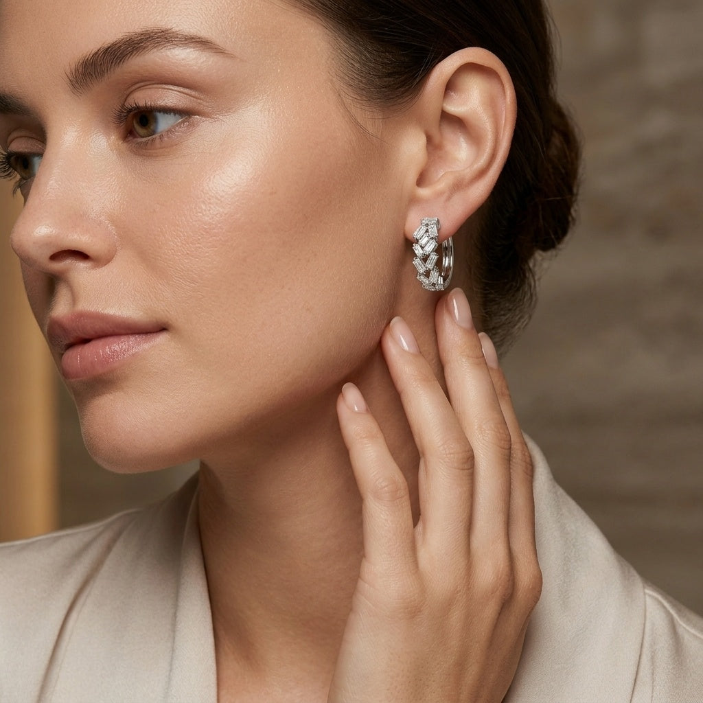 Petite 18K Gold Hoop Earrings with Asymmetric Baguette Lab Diamonds