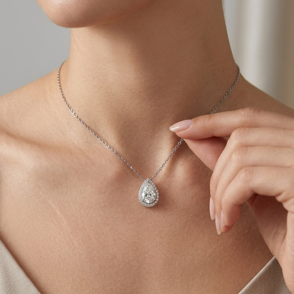 The Celeste 1.5cts Pear Halo Pendant